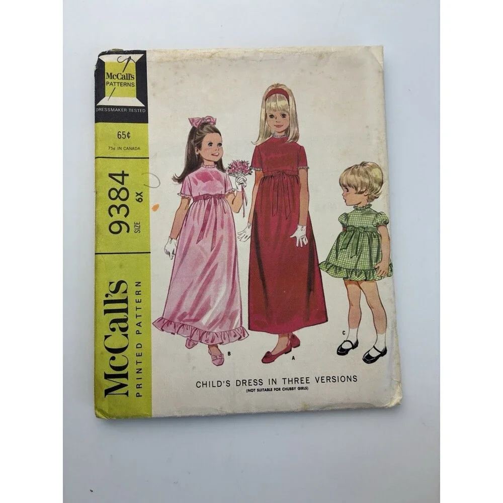 Dress Empire Waist Uncut Pattern 9384 Girls Size 6x Vtg 60s Puff Sleeve Ruffle